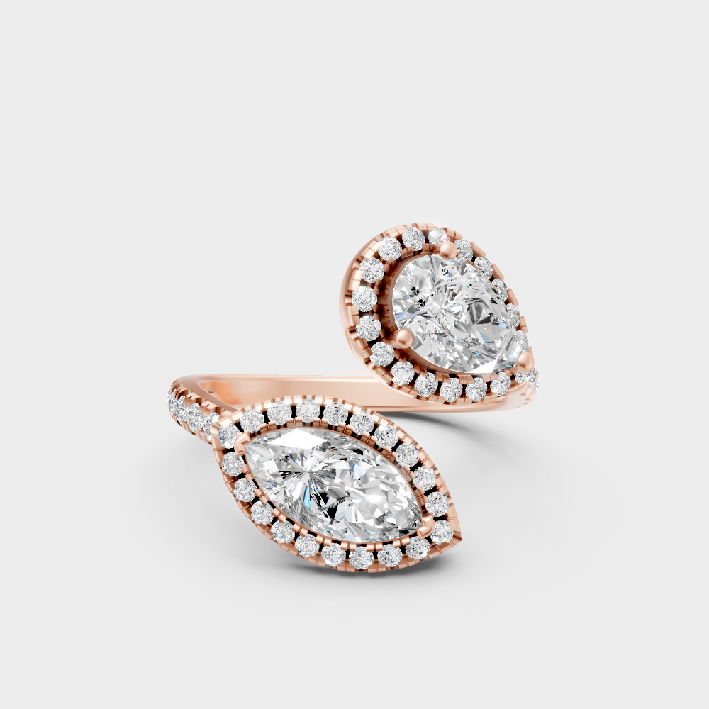 Unique 18K Rose Gold Toi-Et-Moi Halo Ring With Pear And Marquise Lab-Grown Diamonds